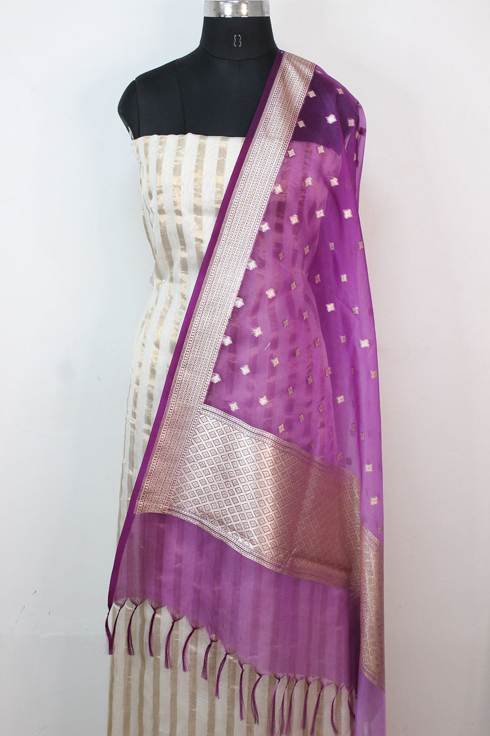 Off White Banarasi Chanderi Silk Suit With Purple Banarasi Organza Dupatta - Luxurion World