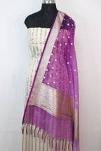Off White Banarasi Chanderi Silk Suit With Purple Banarasi Organza Dupatta - Luxurion World