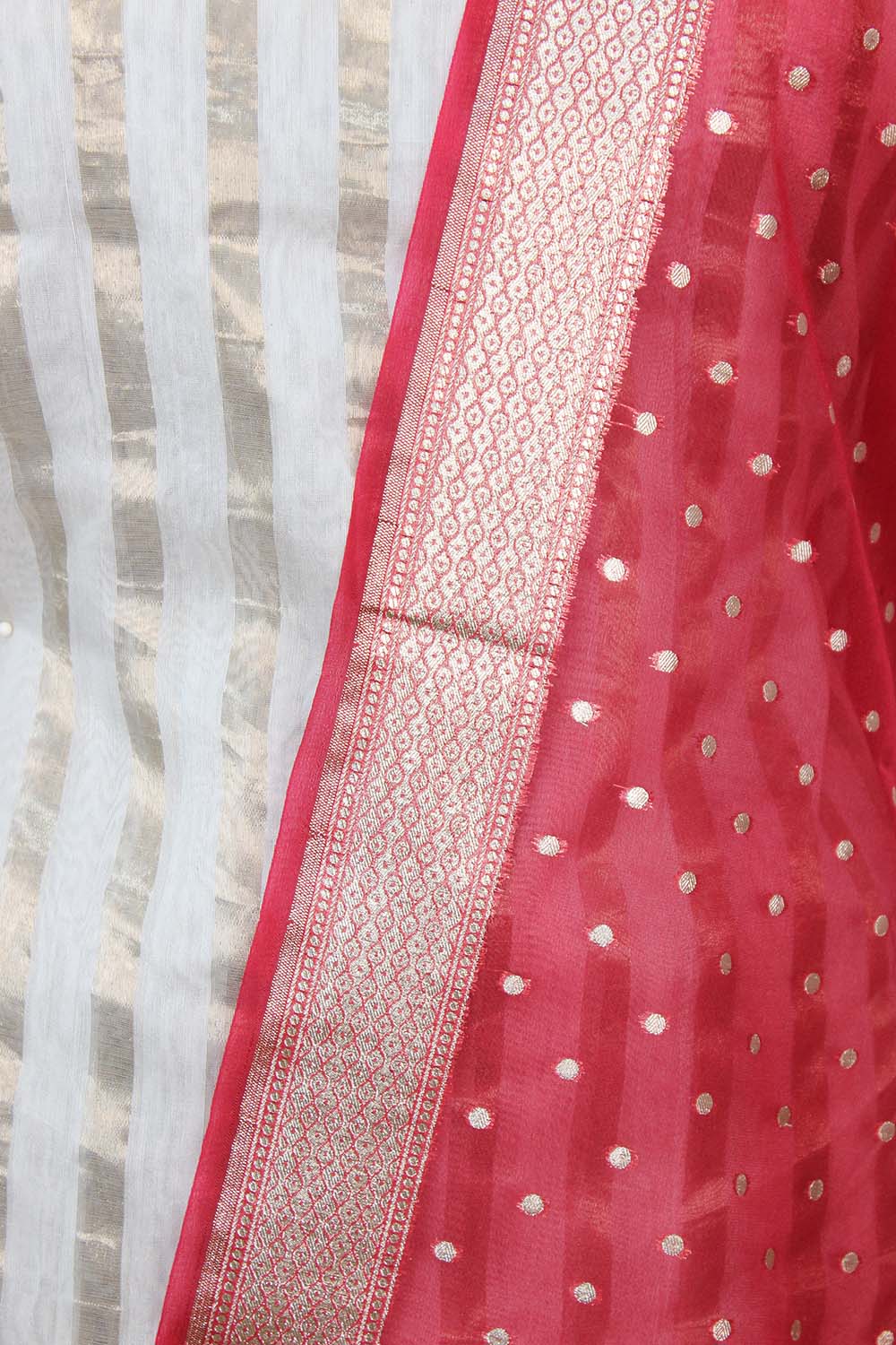 Off White Banarasi Chanderi Silk Suit With Red Banarasi Organza Dupatta
