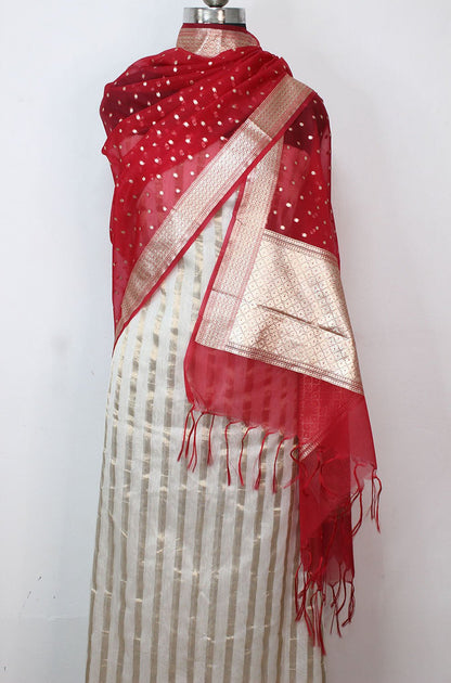 Off White Banarasi Chanderi Silk Suit With Red Banarasi Organza Dupatta - Luxurion World