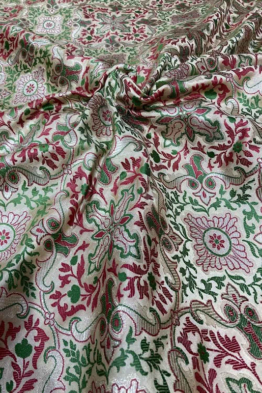 Off White Banarasi Kimkhwab Silk Fabric  ( 1 Mtr ) - Luxurion World