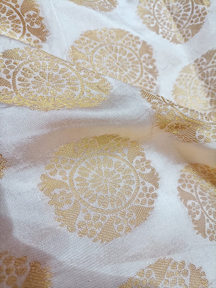 Off White Banarasi Silk Round Design Fabric (1 Mtr) - Luxurion World