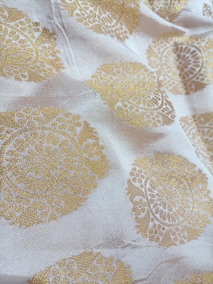 Off White Banarasi Silk Round Design Fabric (1 Mtr) - Luxurion World