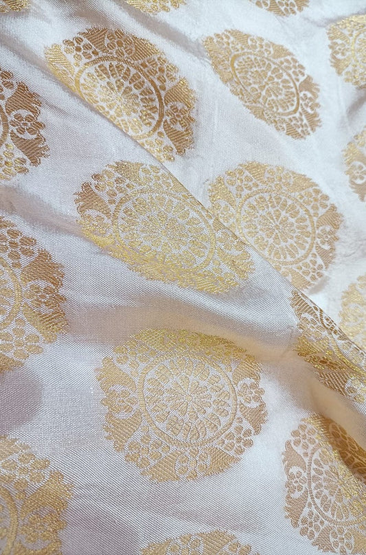 Off White Banarasi Silk Round Design Fabric (1 Mtr)