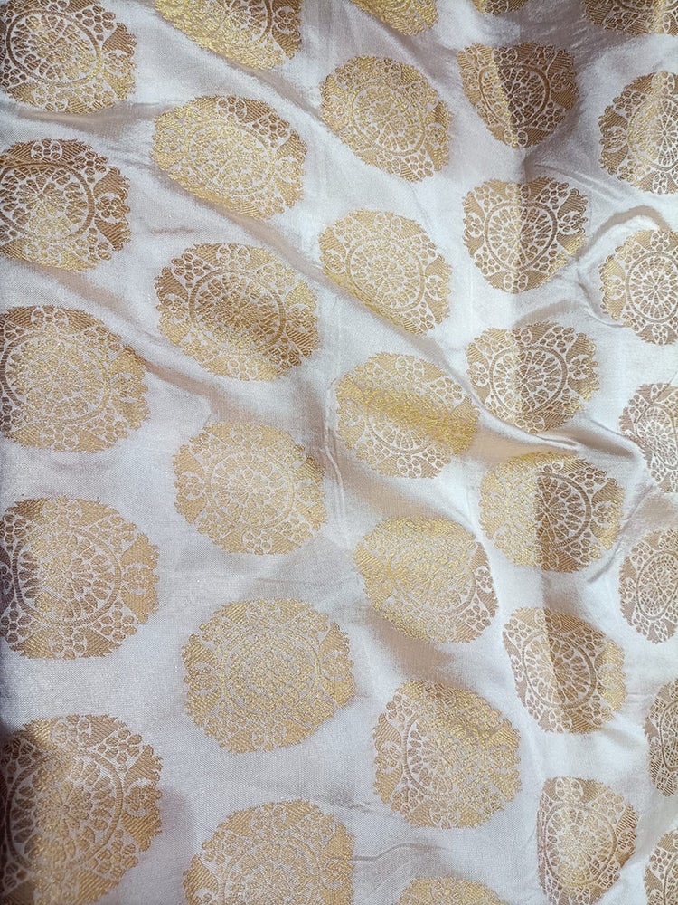 Off White Banarasi Silk Round Design Fabric (1 Mtr) - Luxurion World