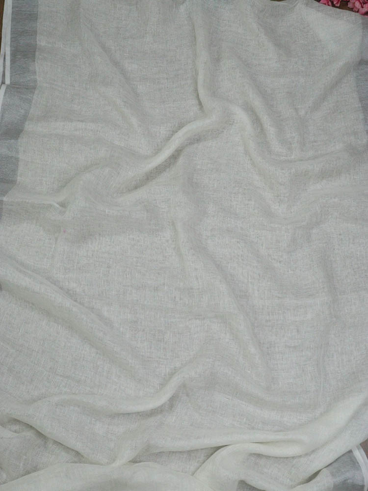 Off White Bhagalpur Linen Plain Fabric With Silver Zari Border ( 1 Mtr ) - Luxurion World