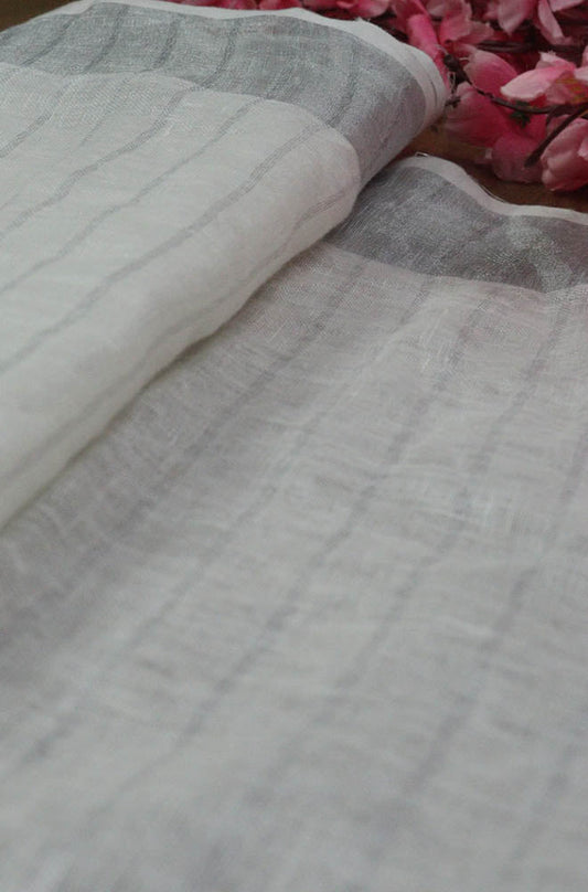 Off White Bhagalpur Linen Stripes Design Blouse Fabric ( 1 Mtr ) - Luxurion World