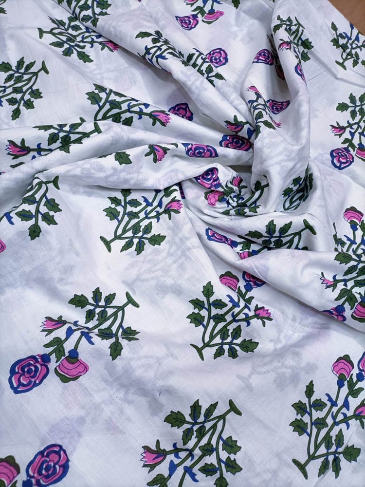 Off White Block Printed Cotton Fabric (1 Mtr) - Luxurion World