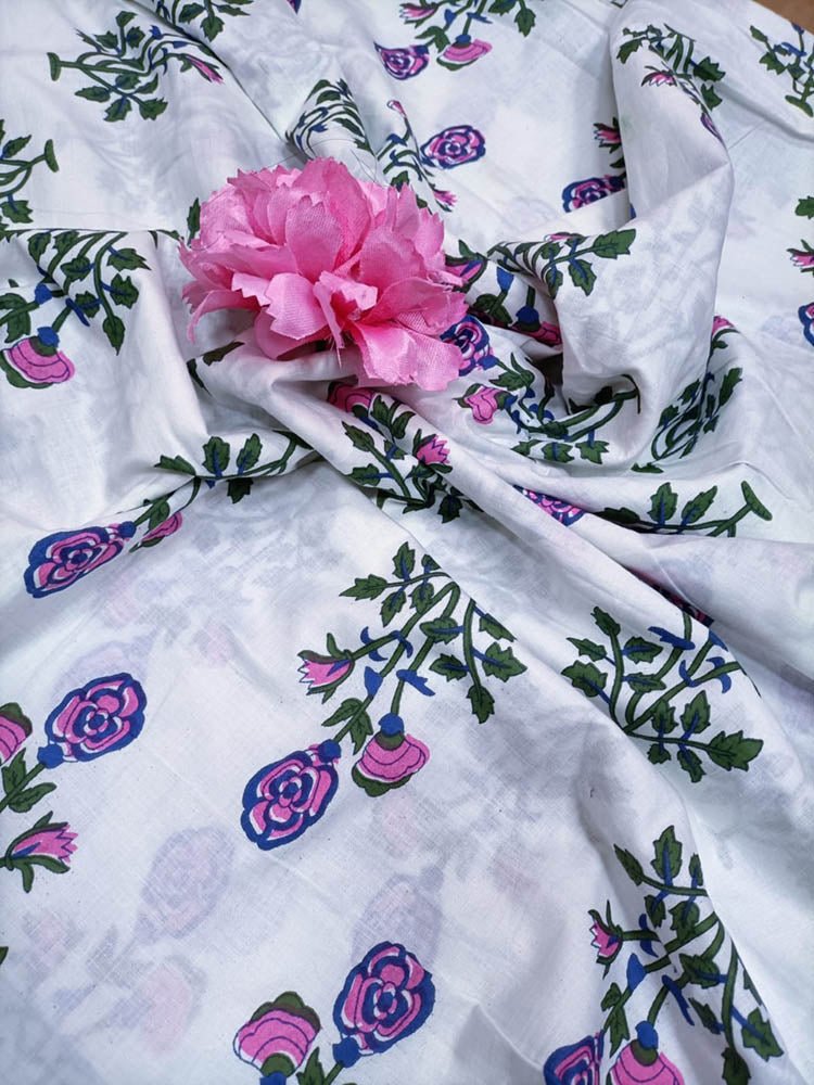 Off White Block Printed Cotton Fabric (1 Mtr) - Luxurion World