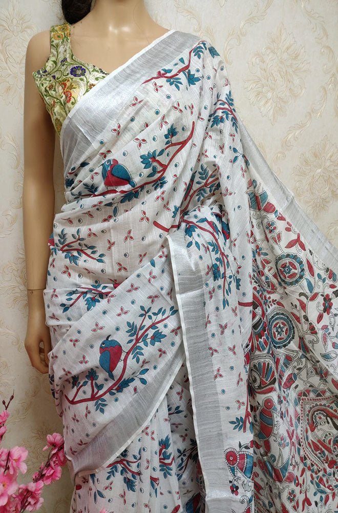 Off White Block Printed Cotton Linen Saree - Luxurion World