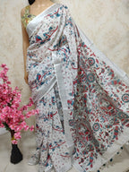 Off White Block Printed Cotton Linen Saree - Luxurion World