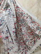 Off White Block Printed Cotton Linen Saree - Luxurion World
