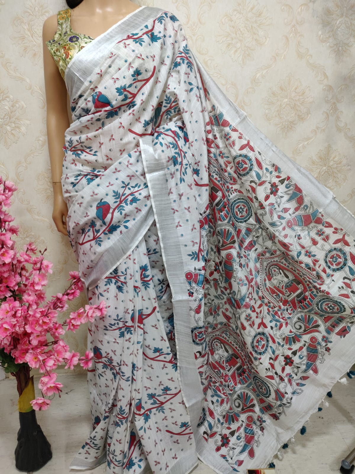 Off White Block Printed Cotton Linen Saree - Luxurion World