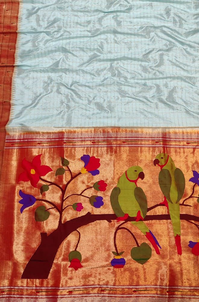 Off White Checks Handloom Paithani Pure Silk Triple Muniya Border Parrot And Floral Design Saree