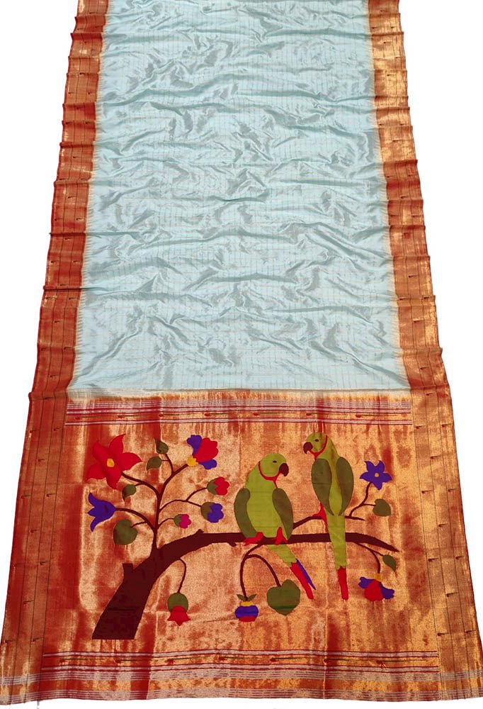 Off White Checks Handloom Paithani Pure Silk Triple Muniya Border Parrot And Floral Design Saree - Luxurion World