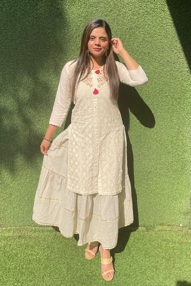 Off White Chikankari One Piece Dress - Luxurion World