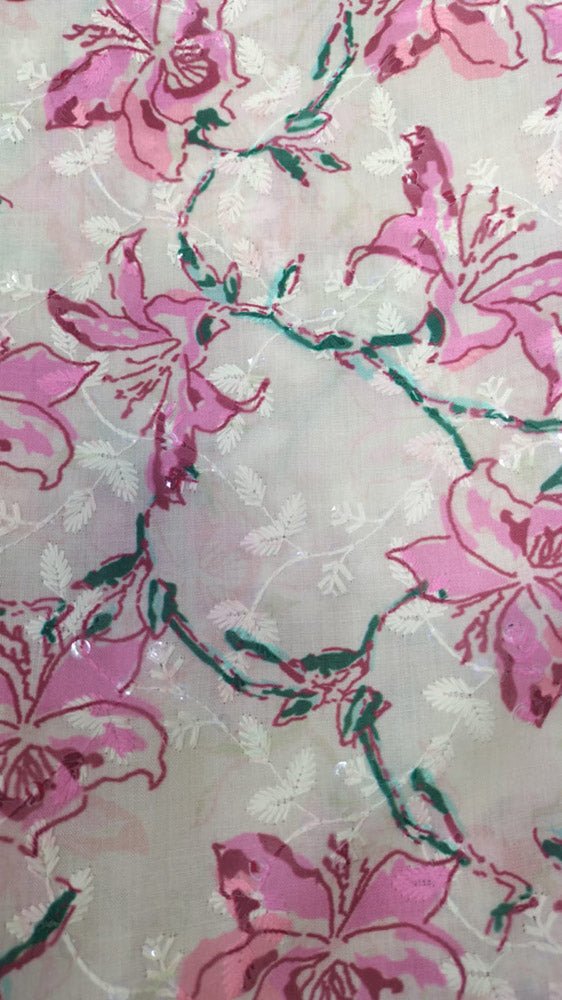 Off White Digital Printed Chikankari Cotton Sequins Work Fabric ( 1 Mtr ) - Luxurion World