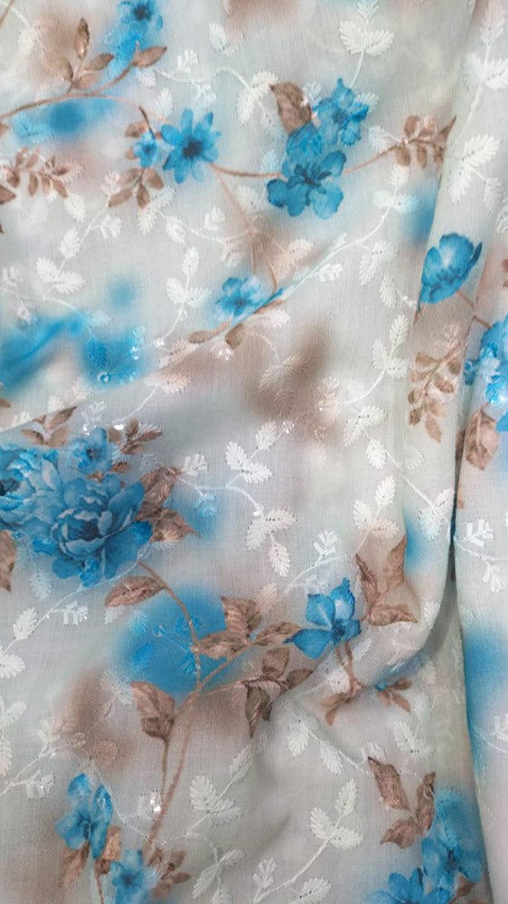 Off White Digital Printed Chikankari Cotton Sequins Work Fabric ( 1 Mtr ) - Luxurion World