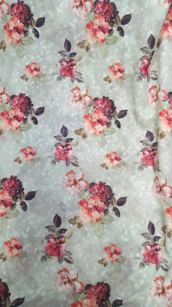 Off White Digital Printed Chikankari Cotton Sequins Work Fabric ( 1 Mtr ) - Luxurion World