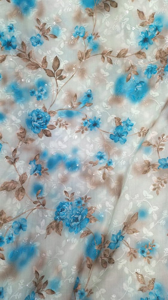 Off White Digital Printed Chikankari Cotton Sequins Work Fabric ( 1 Mtr )