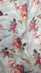 Off White Digital Printed Chikankari Cotton Sequins Work Fabric ( 1 Mtr ) - Luxurion World