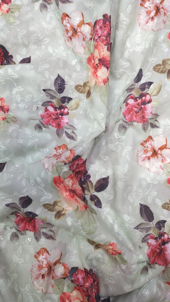 Off White Digital Printed Chikankari Cotton Sequins Work Fabric ( 1 Mtr ) - Luxurion World