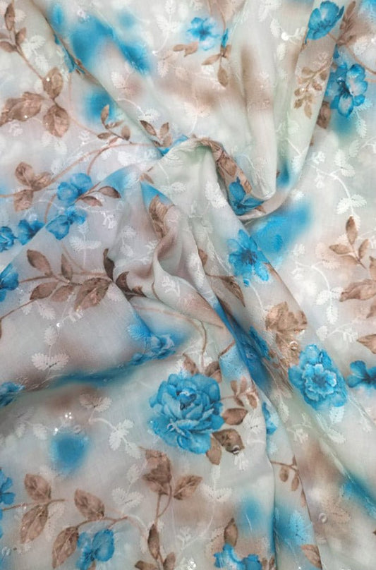 Off White Digital Printed Chikankari Cotton Sequins Work Fabric ( 1 Mtr ) - Luxurion World