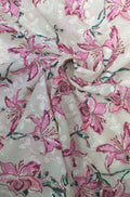 Off White Digital Printed Chikankari Cotton Sequins Work Fabric ( 1 Mtr ) - Luxurion World