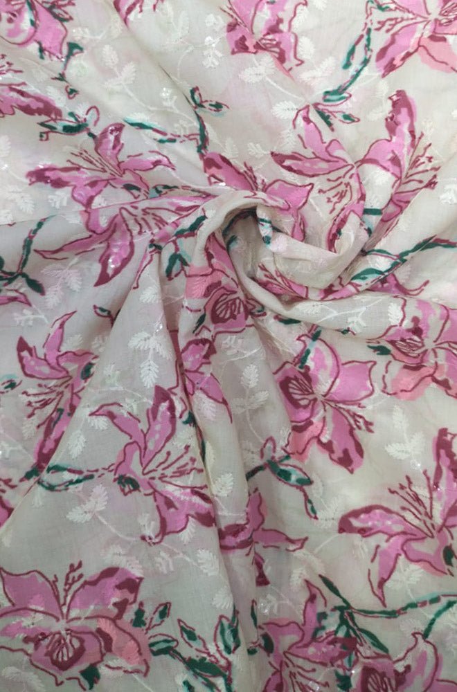 Off White Digital Printed Chikankari Cotton Sequins Work Fabric ( 1 Mtr ) - Luxurion World
