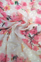 Off White Digital Printed Chikankari Cotton Sequins Work Fabric ( 1 Mtr ) - Luxurion World