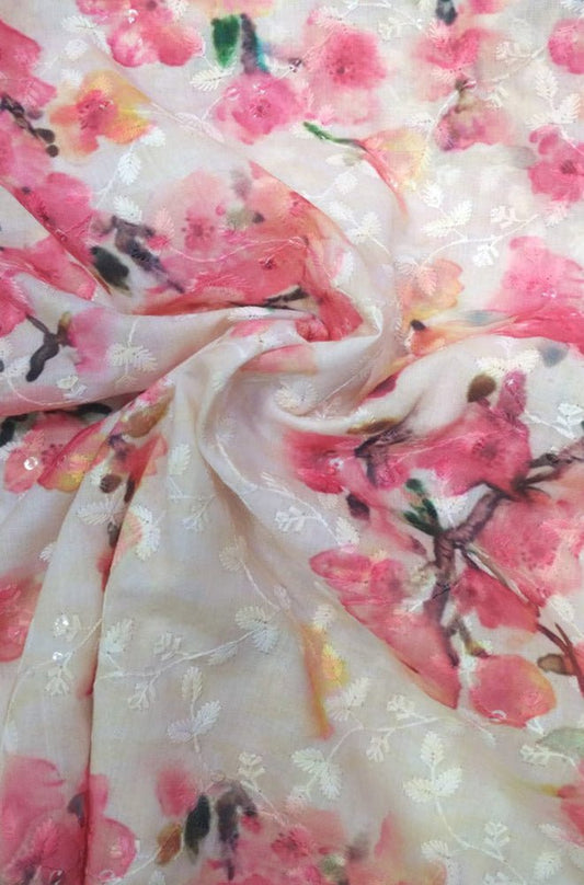 Off White Digital Printed Chikankari Cotton Sequins Work Fabric ( 1 Mtr ) - Luxurion World