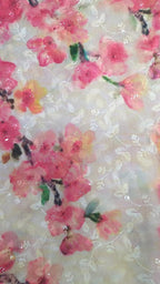 Off White Digital Printed Chikankari Cotton Sequins Work Fabric ( 1 Mtr ) - Luxurion World