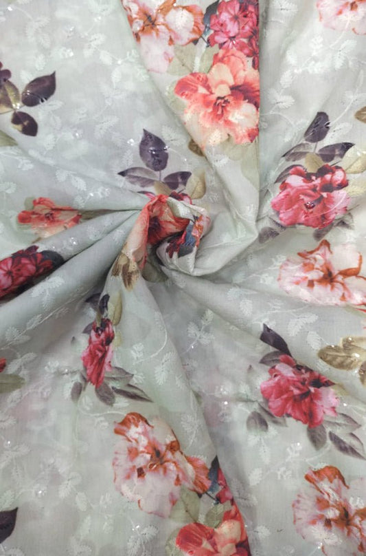 Off White Digital Printed Chikankari Cotton Sequins Work Fabric ( 1 Mtr ) - Luxurion World