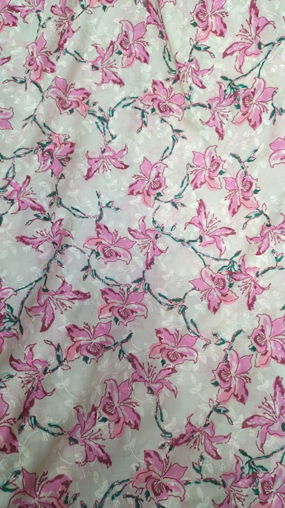 Off White Digital Printed Chikankari Cotton Sequins Work Fabric ( 1 Mtr ) - Luxurion World