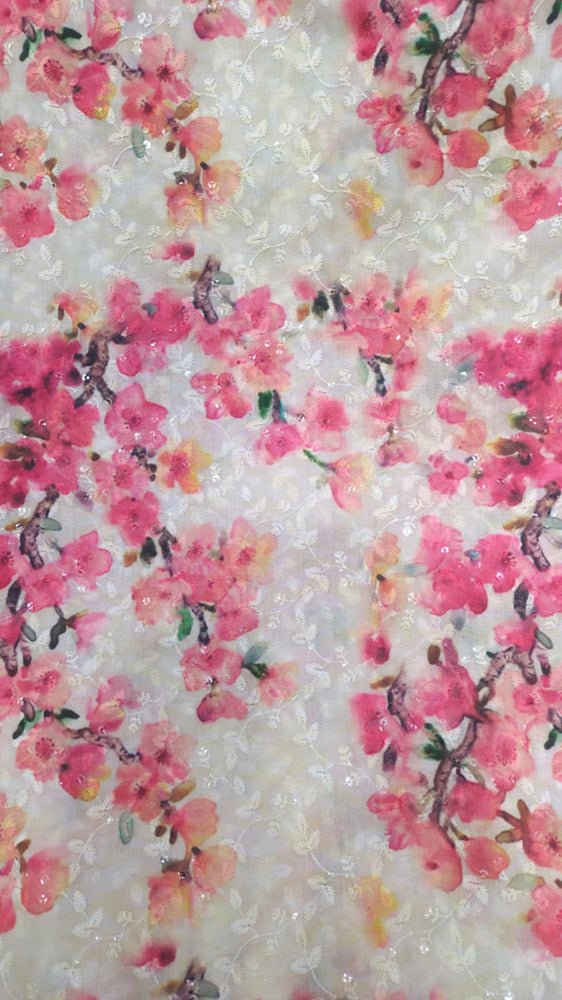 Off White Digital Printed Chikankari Cotton Sequins Work Fabric ( 1 Mtr ) - Luxurion World