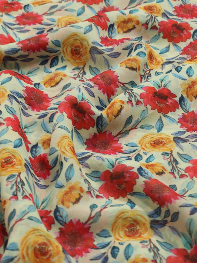 Off White Digital Printed Georgette Floral Design Fabric ( 1 Mtr ) - Luxurion World
