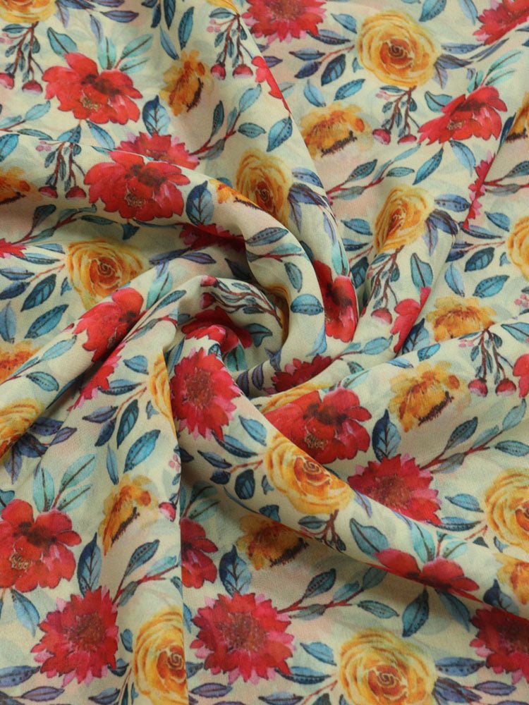 Off White Digital Printed Georgette Floral Design Fabric ( 1 Mtr ) - Luxurion World