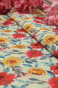 Off White Digital Printed Georgette Floral Design Fabric ( 1 Mtr ) - Luxurion World