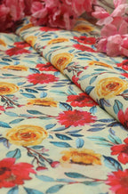 Off White Digital Printed Georgette Floral Design Fabric ( 1 Mtr ) - Luxurion World