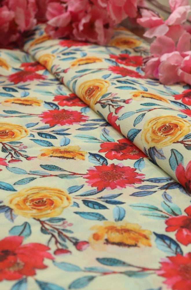 Off White Digital Printed Georgette Floral Design Fabric ( 1 Mtr ) - Luxurion World