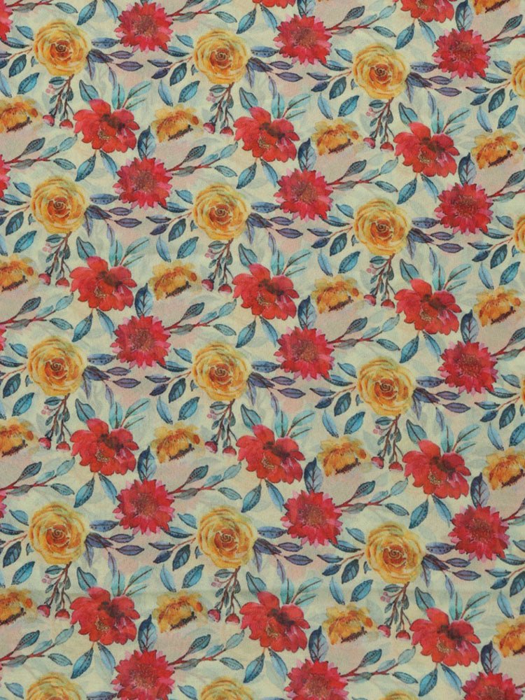 Off White Digital Printed Georgette Floral Design Fabric ( 1 Mtr ) - Luxurion World