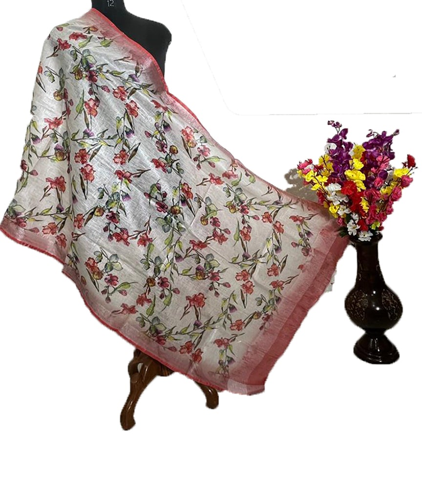 Off White Digital Printed Linen Dupatta - Luxurion World