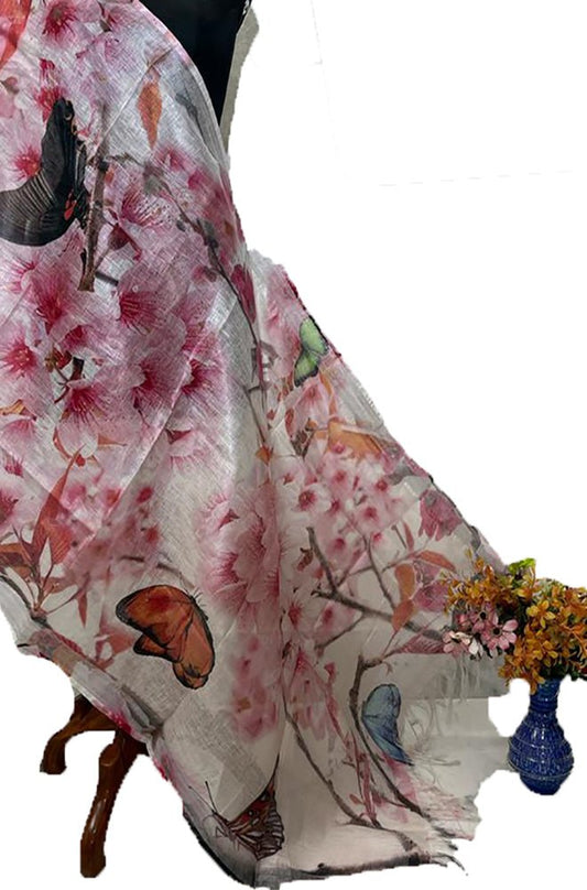 Off White Digital Printed Linen Dupatta - Luxurion World