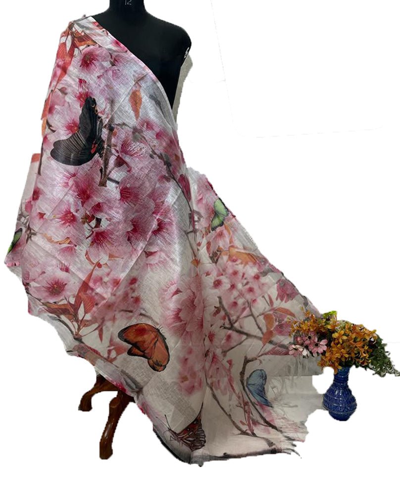 Off White Digital Printed Linen Dupatta - Luxurion World