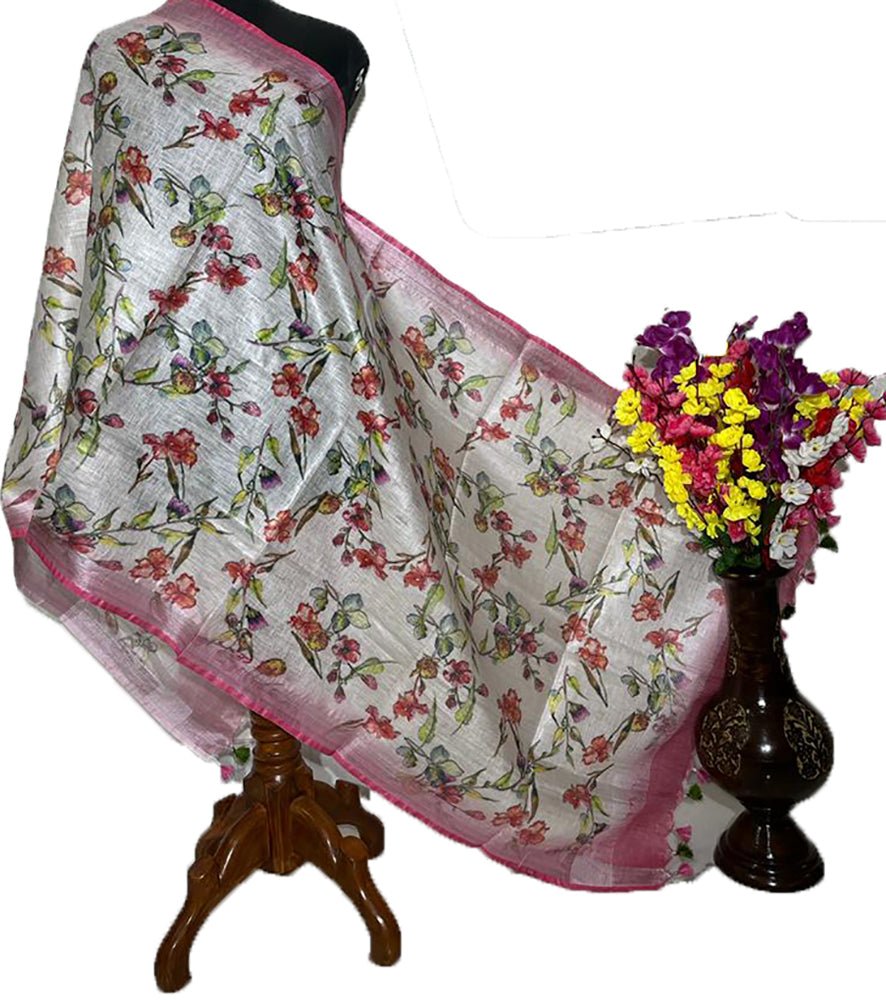 Off White Digital Printed Linen Dupatta - Luxurion World