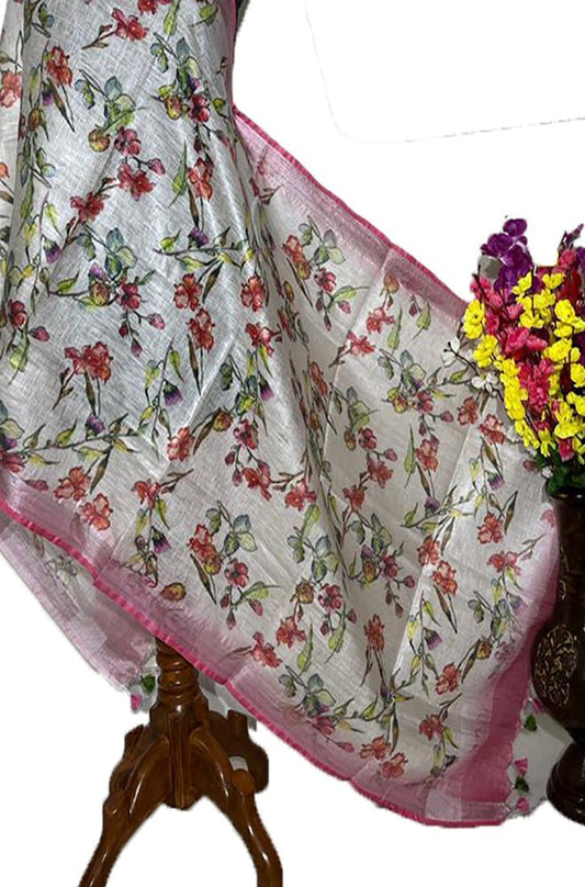 Off White Digital Printed Linen Dupatta - Luxurion World