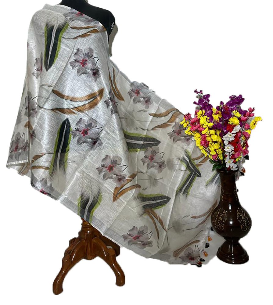 Off White Digital Printed Linen Dupatta - Luxurion World