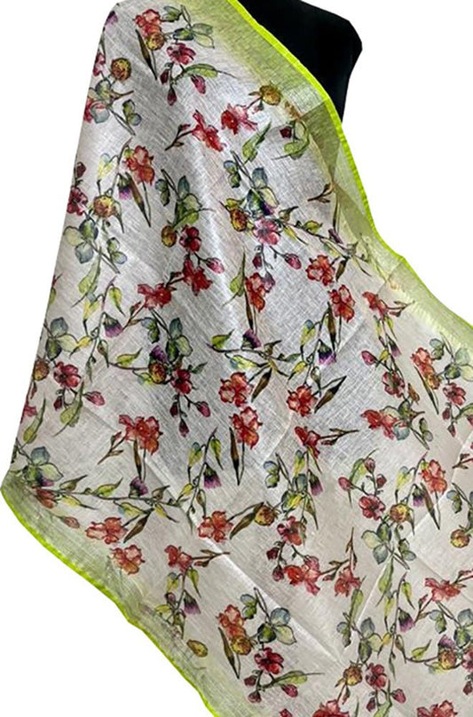 Off White Digital Printed Linen Floral Design Dupatta - Luxurion World