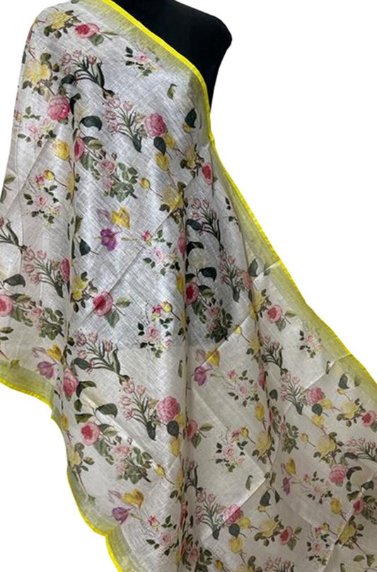 Off White Digital Printed Linen Floral Design Dupatta - Luxurion World