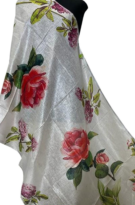 Off White Digital Printed Linen Floral Design Dupatta - Luxurion World